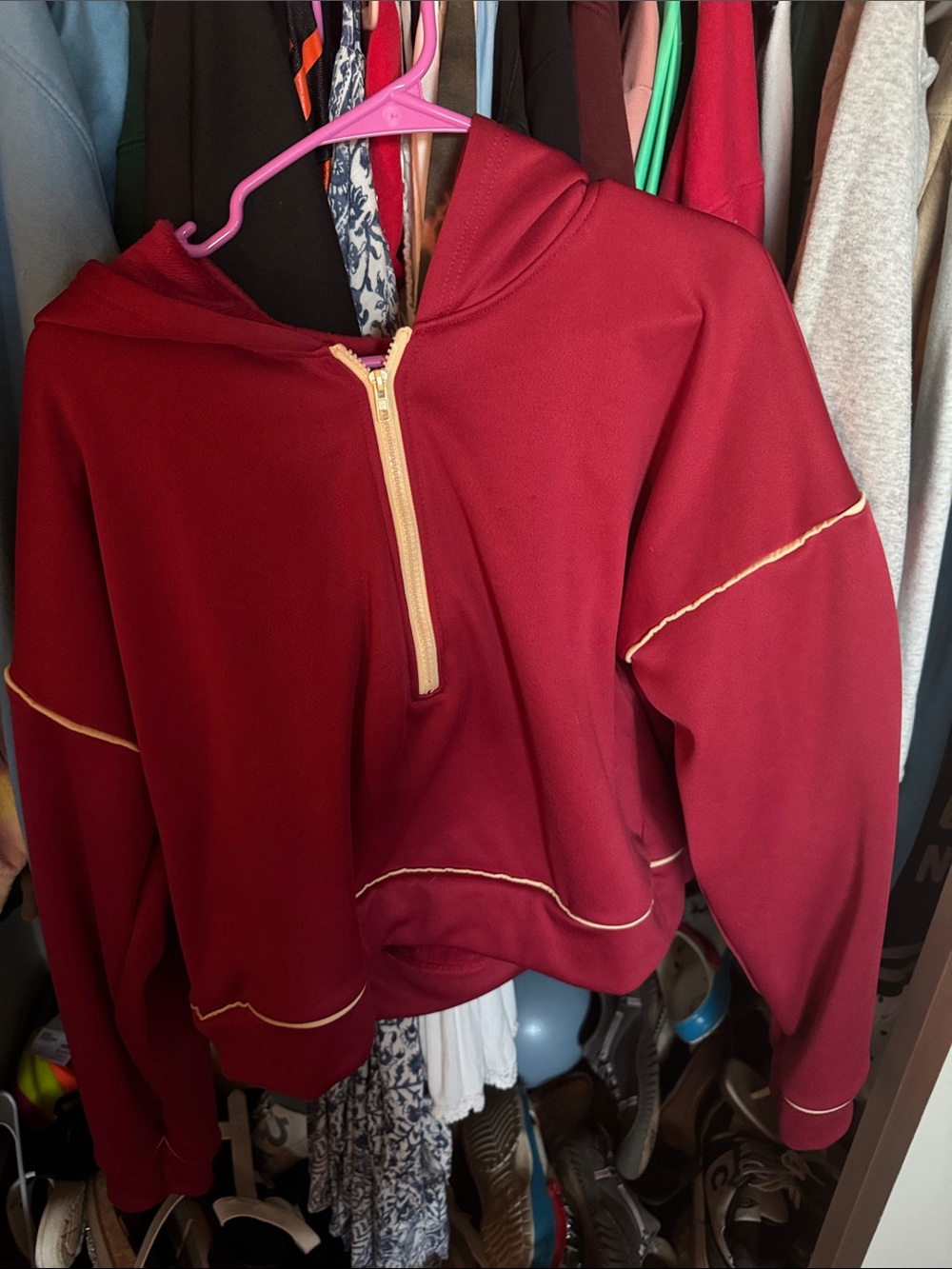 Maroon Half-Zip Hoodie Sweatshirt - Women's Casual Pullover